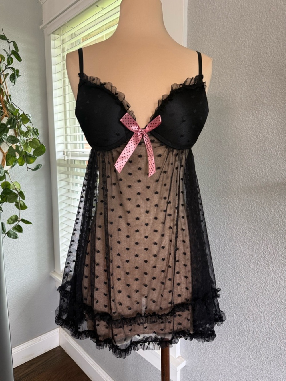 Y2K Style Black Sheer Heart Detail Babydoll with Pink Bow